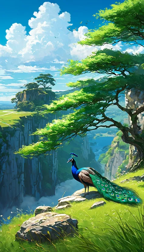 a peacock sitting under a tree near a cliff in a meadow , seeing a vast blue sky with fluffy clouds and brush strokes , tall gra...