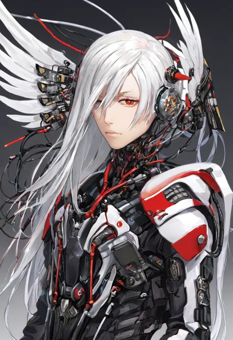 straight long hair　white hair　he has mechanical wings on his back.　cyborg　the mechanical parts of the neck are exposed.　the mech...