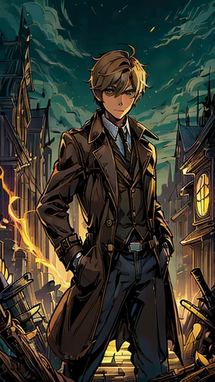 best quality,masterpiece,1boy,solo,(((13years old))),japanese boy,an extremely cute and handsome boy,highly detailed beautiful face and eyes,petit,cute face,lovely face,baby face,shy smile,show teeth,blonde hair,short hair,flat chest,skinny,slender(((wearing a John Constantine costume,brown Trench Coat))),(((Heroic pose in Dark Midnight Fantasy style Gotham castle))),he is looking at the viewer,