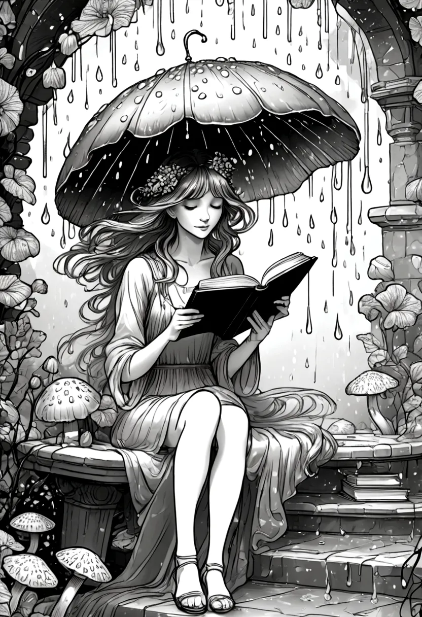 A fairy reading a book under a mushroom umbrella during a light rain, floral frame, decorative panel, abstract ,sketch, characte...