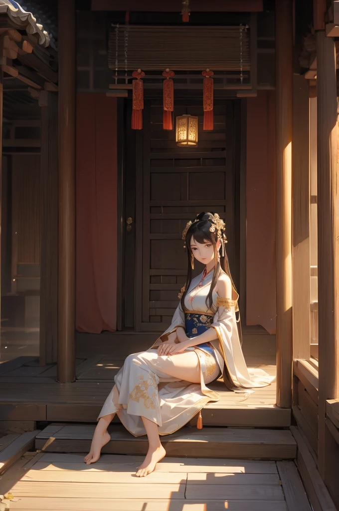 A rich girl from the Tang Dynasty sitting in the courtyard。Dressed in silk，barefoot