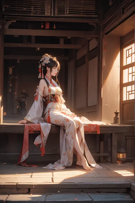 a rich girl from the tang dynasty sitting in the courtyard。dressed in silk，barefoot