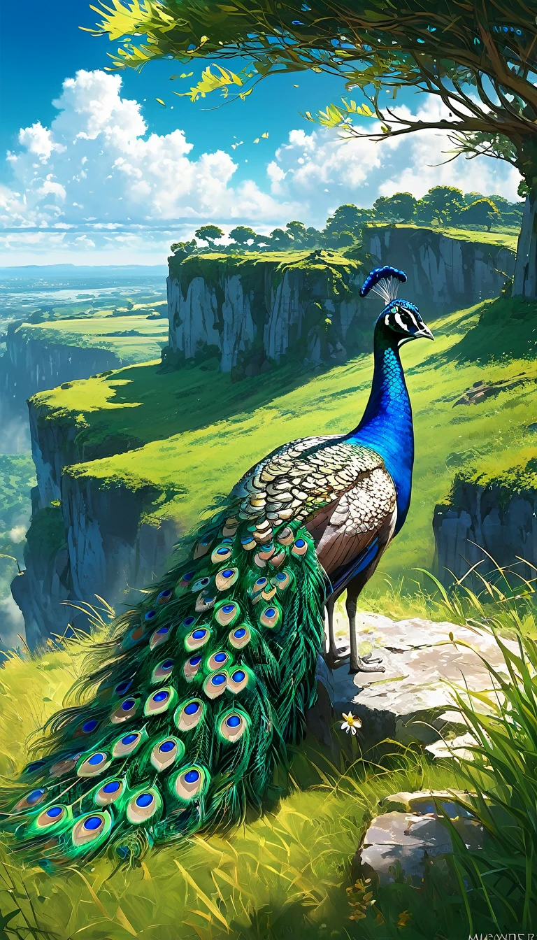 a peacock sitting under a tree near a cliff in a meadow , seeing a vast blue sky with fluffy clouds and brush strokes , tall grasses stones, , makoto shinkai cyril rolando, anime art wallpaper 4k, anime art wallpaper 4k, animated background, anime art wallpaper 8K, animated background art, Anime Landscape Wallpaper, amazing wallpaper, HD wallpaper, 4k anime wallpaper, 4k anime wallpaper, Aries Moross art,art by Bob Byerley , AshleyWoodArtAI, greg rutkowski(far angle view)(brokeh effects)