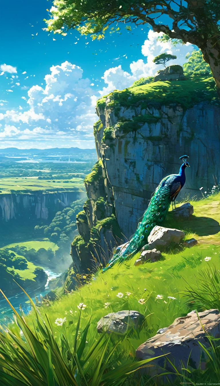 a peacock sitting under a tree near a cliff in a meadow , seeing a vast blue sky with fluffy clouds and brush strokes , tall grasses stones, , makoto shinkai cyril rolando, anime art wallpaper 4k, anime art wallpaper 4k, animated background, anime art wallpaper 8K, animated background art, Anime Landscape Wallpaper, amazing wallpaper, HD wallpaper, 4k anime wallpaper, 4k anime wallpaper, Aries Moross art,art by Bob Byerley , AshleyWoodArtAI, greg rutkowski(far angle view)(brokeh effects)