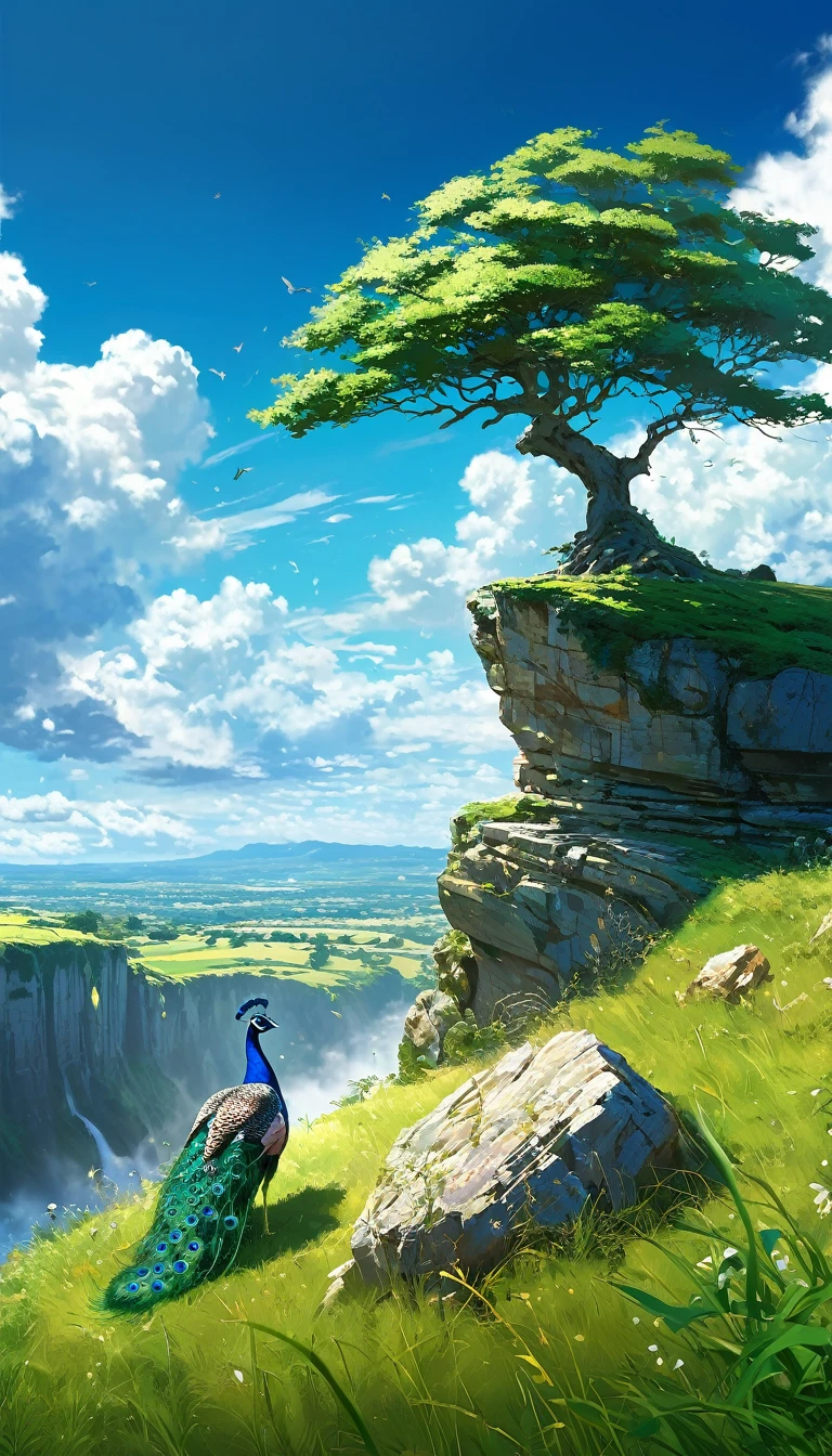 a peacock sitting under a tree near a cliff in a meadow , seeing a vast blue sky with fluffy clouds and brush strokes , tall grasses stones, , makoto shinkai cyril rolando, anime art wallpaper 4k, anime art wallpaper 4k, animated background, anime art wallpaper 8K, animated background art, Anime Landscape Wallpaper, amazing wallpaper, HD wallpaper, 4k anime wallpaper, 4k anime wallpaper, Aries Moross art,art by Bob Byerley , AshleyWoodArtAI, greg rutkowski(far angle view)(brokeh effects)