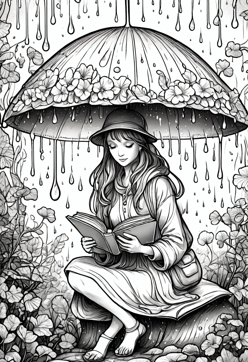 A fairy reading a book under a mushroom umbrella during a light rain, clean line art, white background, colouring page, clean outline, sketch style, floral frame, decorative panel, abstract ,sketch, character lines and scenes without colors and shadows. (Masterpiece, Best Quality, Highres:1.4), Detailed, Intricate Details, 4K, color splashes, line art