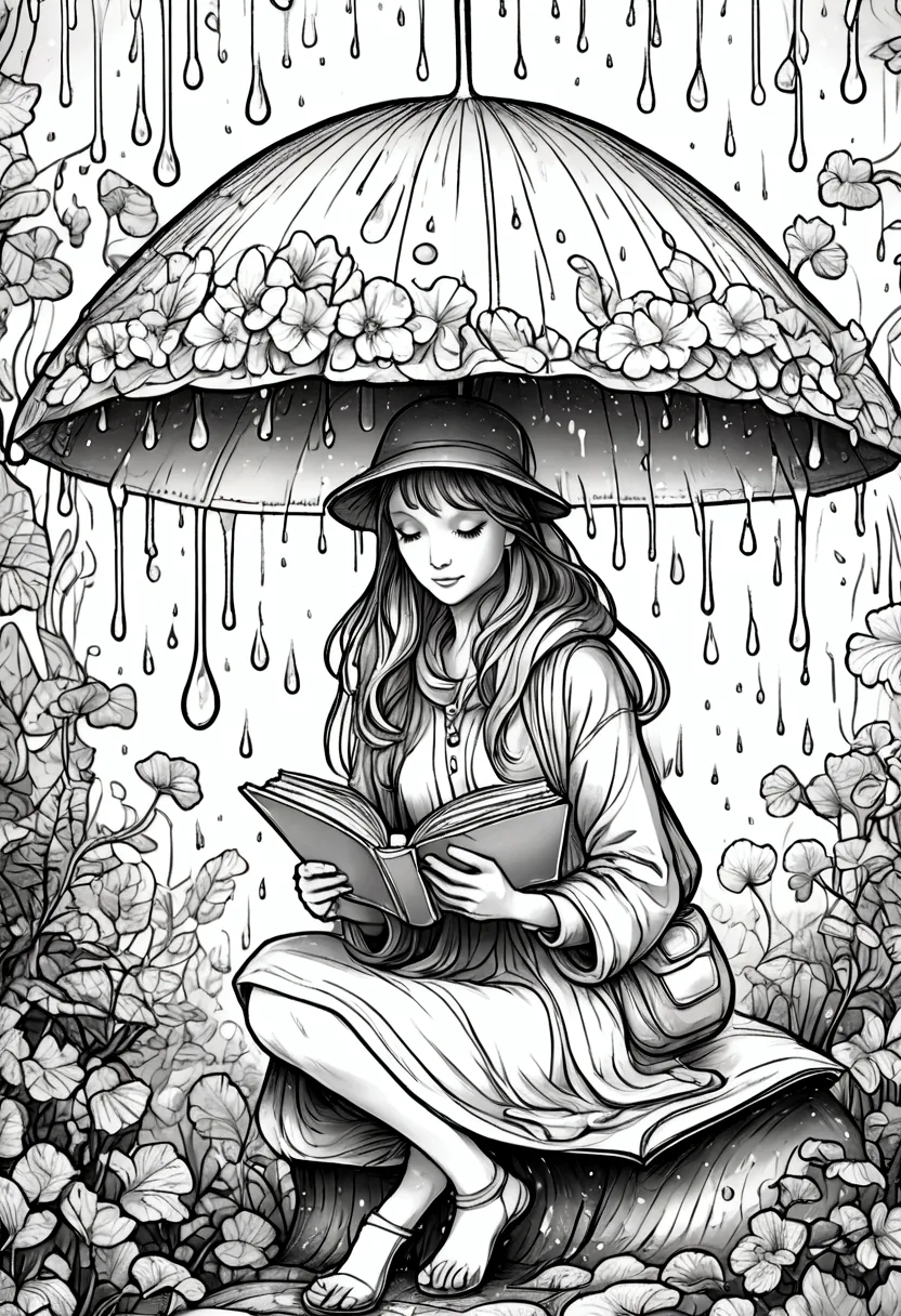 A fairy reading a book under a mushroom umbrella during a light rain, clean line art, white background, colouring page, clean ou...