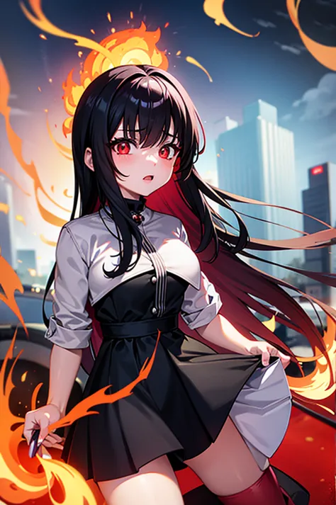 anime girl with red eyes and black hair in a city, with red glowing eyes, with glowing red eyes, detailed digital anime art, red...