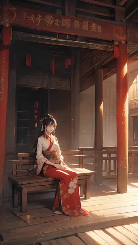 a woman sits on a bench in the room, palace ， girl wearing hanfu, gu weiss, popular on cgstation, artwork in the style of gu wei...