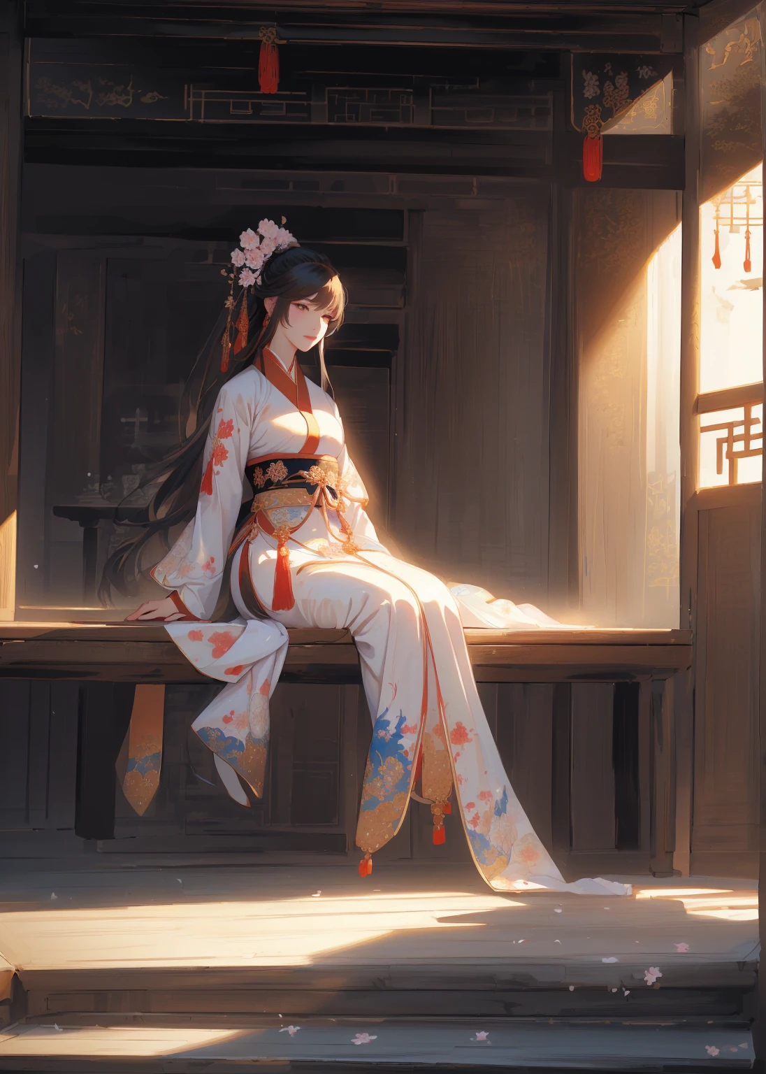 A woman sits on a bench in the room, palace ， Girl wearing Hanfu, Gu Weiss, Popular on cgstation, artwork in the style of Gu Weiss, Gu Weiss masterpiece, Beautiful character painting, Wearing Chinese clothes, Elegant posture, Gu Weiss on artstation pixiv, Beautiful rendering of the Tang Dynasty