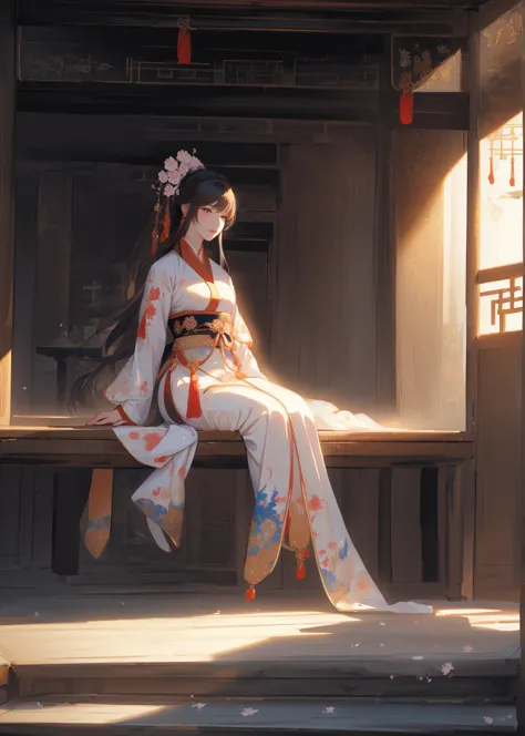 a woman sits on a bench in the room, palace ， girl wearing hanfu, gu weiss, popular on cgstation, artwork in the style of gu wei...