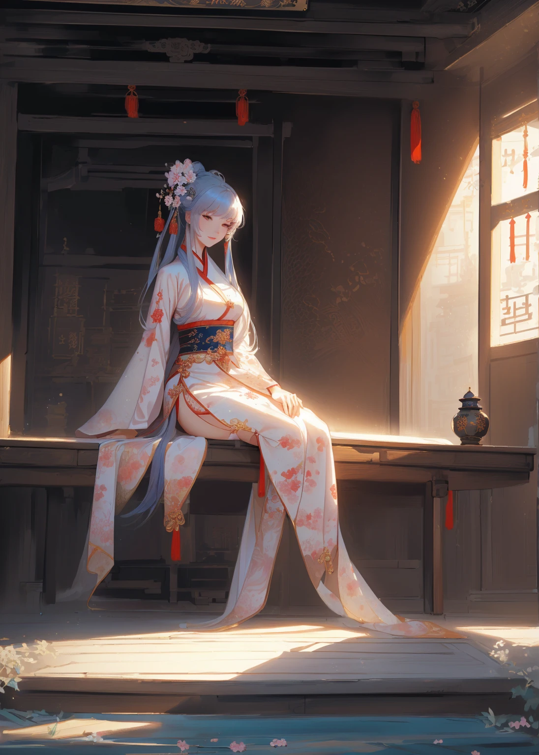 A woman sits on a bench in the room, palace ， Girl wearing Hanfu, Gu Weiss, Popular on cgstation, artwork in the style of Gu Weiss, Gu Weiss masterpiece, Beautiful character painting, Wearing Chinese clothes, Elegant posture, Gu Weiss on artstation pixiv, Beautiful rendering of the Tang Dynasty