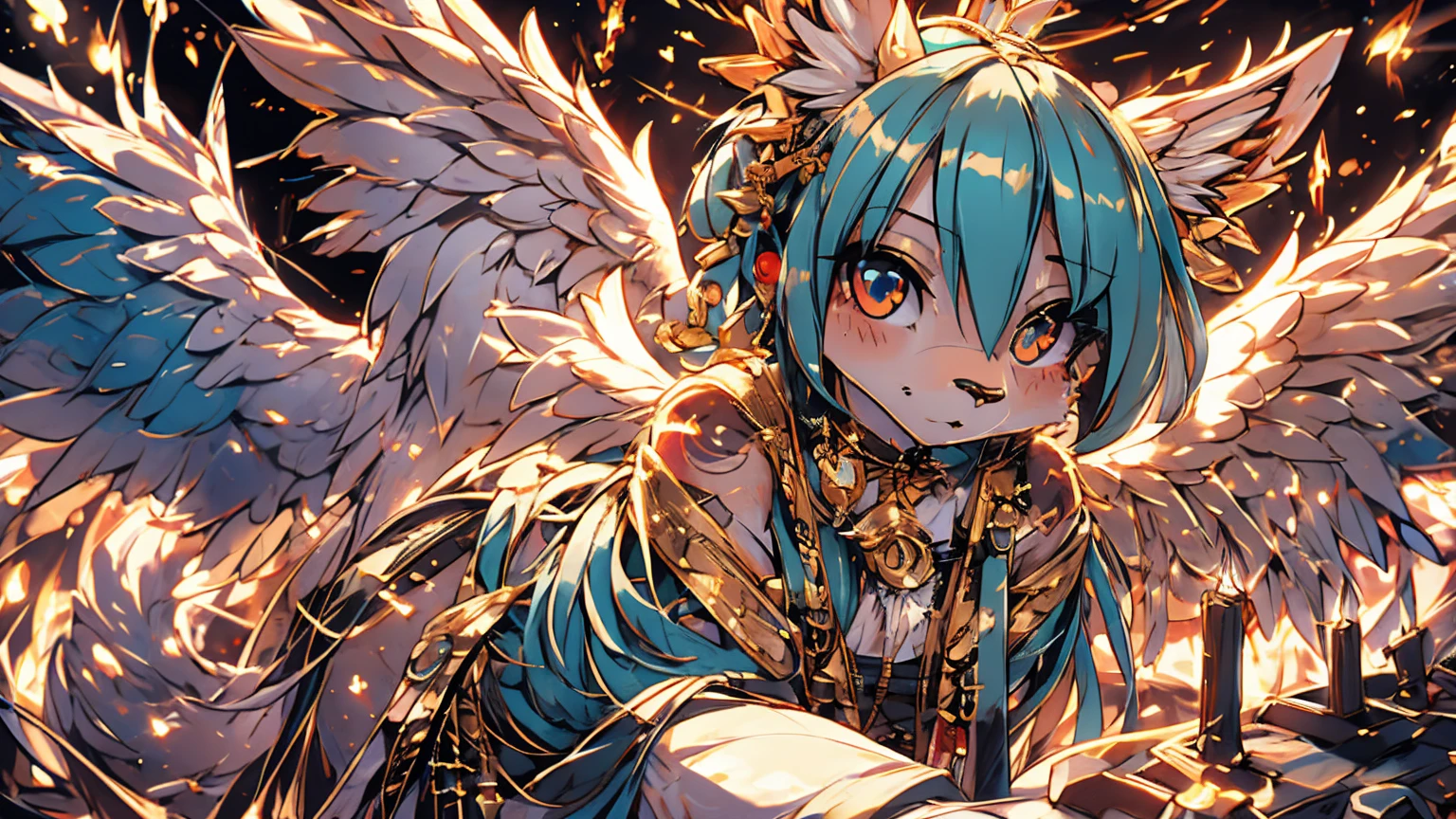 Miku Hatsune, add high definition_detail:1, blue fur,kitsune ears, tribal tattoo add_detail:1, in heaven add_detail, angelical girl, angel wigns add_detail, angelic yokai kitsune,