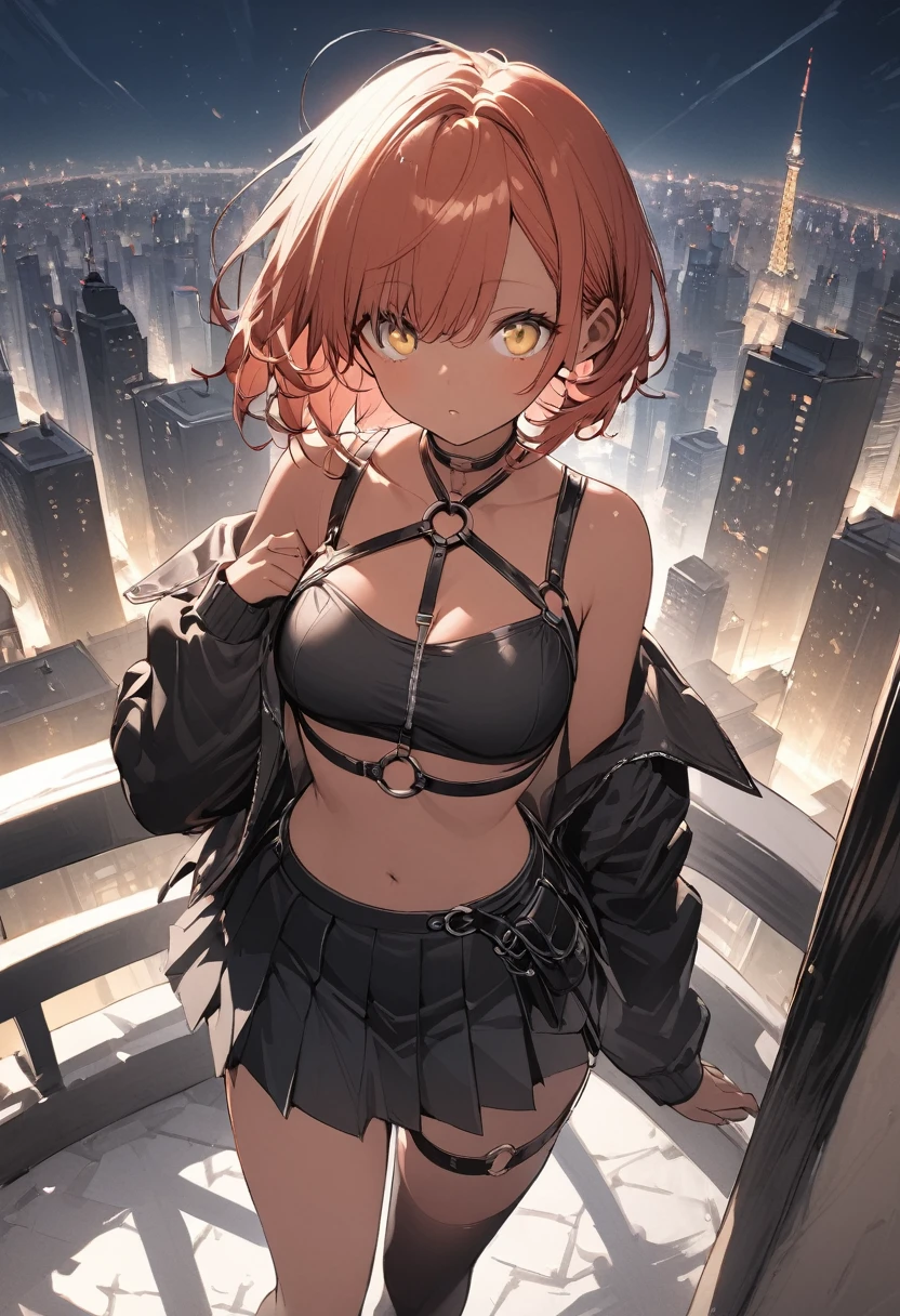 table top, highest quality,figure, wallpaper, Super detailed, absurd, 1 girl, alone, ( short red hair, tan skin, yellow eyes), detailed and beautiful eyes , (street:1.3), hair blowing in the wind,(panoramic view:1.3),(sense of depth:1.5),(long shot:1.3) girl standing on balcony looking at the city at night, wearing open sexy clothes, black skirt, Black stockings, long sleeves, chest harness, black shirt, crop top, skirt, Shoes, O-Ring, midriff, off shoulder, medium breasts, thigh strap, pleated skirt (skirt blowing in the wind) looking up at the sky, ignoring camera