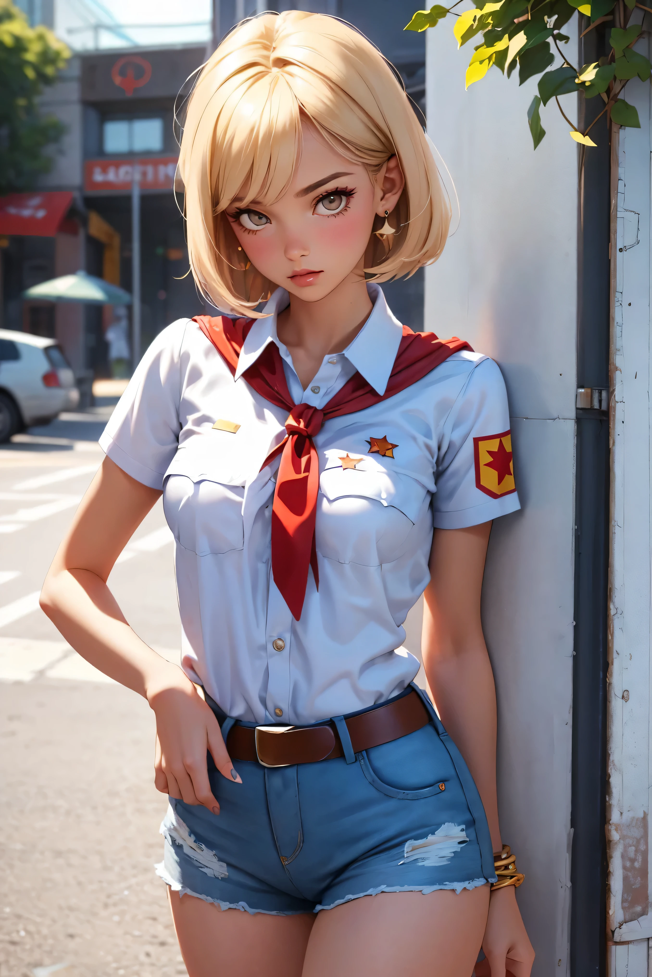 Teenager-Model 1, Schön, zu stark gebräuntes Mädchen, blonde, Bob-Haare, bangs, braune Augen, Schön figure, Mädchen trägt weißes Hemd und zu kurze Mini-Shorts, schlanke lange Beine, Sklavenarmbänder, rote Pionierkrawatte, Maniküre, süßes Make-up, kokett posieren, Heißer Sommer, heiß kokett, Heißer Sommer outfit, Top Qualität, höchste Qualität, Pin-Up-Stil, Retro-Stil der 80er, sowjetischer Pionierstil,