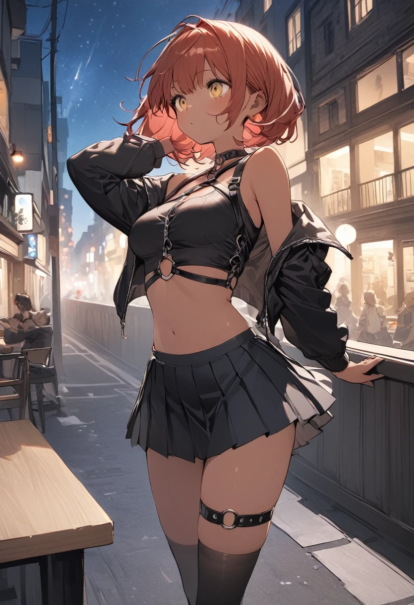 table top, highest quality,figure, wallpaper, Super detailed, absurd, 1 girl, alone, ( short red hair, tan skin, yellow eyes), detailed and beautiful eyes , (street:1.3), hair blowing in the wind,(panoramic view:1.3),(sense of depth:1.5),(long shot:1.3) girl standing on balcony looking at the city at night, wearing open sexy clothes, black skirt, Black stockings, long sleeves, chest harness, black shirt, crop top, skirt, Shoes, O-Ring, midriff, off shoulder, medium breasts, thigh strap, pleated skirt (skirt blowing in the wind) looking up at the sky, ignoring camera (3/4 view)