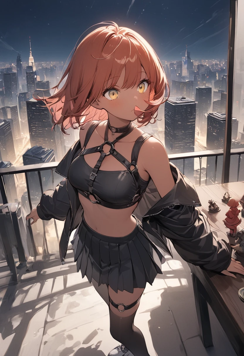 table top, highest quality,figure, wallpaper, Super detailed, absurd, 1 girl, alone, ( short red hair, tan skin, yellow eyes), detailed and beautiful eyes , (street:1.3), hair blowing in the wind,(panoramic view:1.3),(sense of depth:1.5),(long shot:1.3) girl standing on balcony looking at the city at night, wearing open sexy clothes, black skirt, Black stockings, oversized jacket, chest harness, black shirt, crop top, skirt, Shoes, O-Ring, midriff, off shoulder, medium breasts, thigh strap, pleated skirt (skirt blowing in the wind) looking up at the sky, ignoring camera (3/4 view)