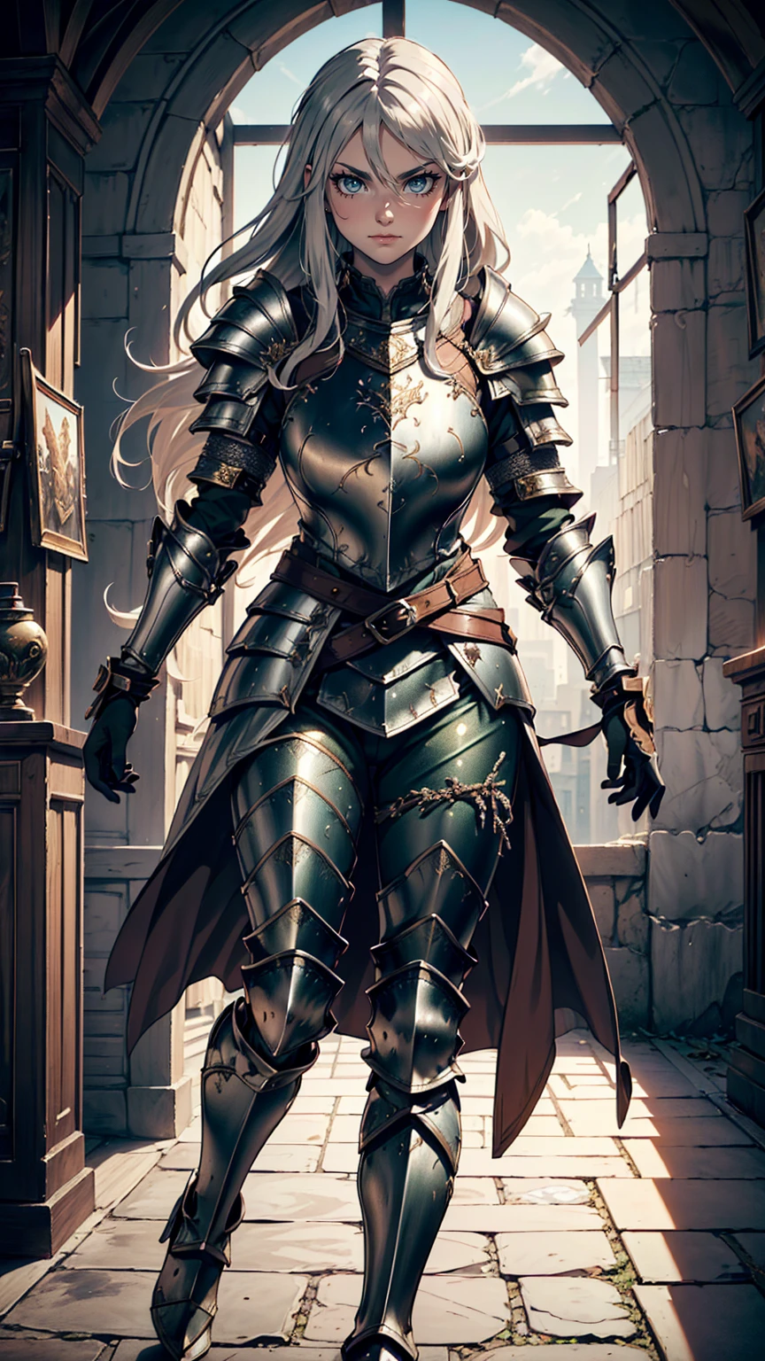 最high quality、Ultra High Definition, Ultra High Quality, Hyper Definition, Hyper Quality, Hyper Detailed, Extremely Detailed, Perfectly Detailed, Best image quality、masterpiece、anime woman((20-year-old、super dynamic pose , Green solid eyes, Silver long Hair、Disheveled Hair、Long White Hair, Gloves  Belt、Armored pants, Noble Armor, Smirk, cheerful expression, Detailed Cuirass , Dressed in Full Coverage Noble Plate Armor, leg armor)),high quality、Beautiful art、background((Inside the mansion))、Written boundary depth、  movie、Visual Arts、Perfect art、8K,Genuine、