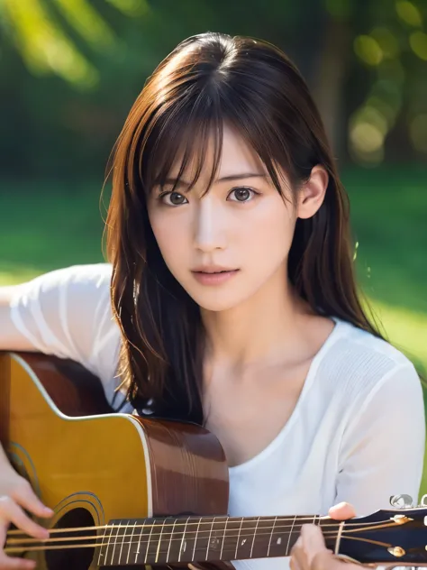 ((masterpiece, highest quality, high resolution)), (playing acoustic guitar:1.5), 1 beautiful girl, (realistic: 1.4), symmetrica...