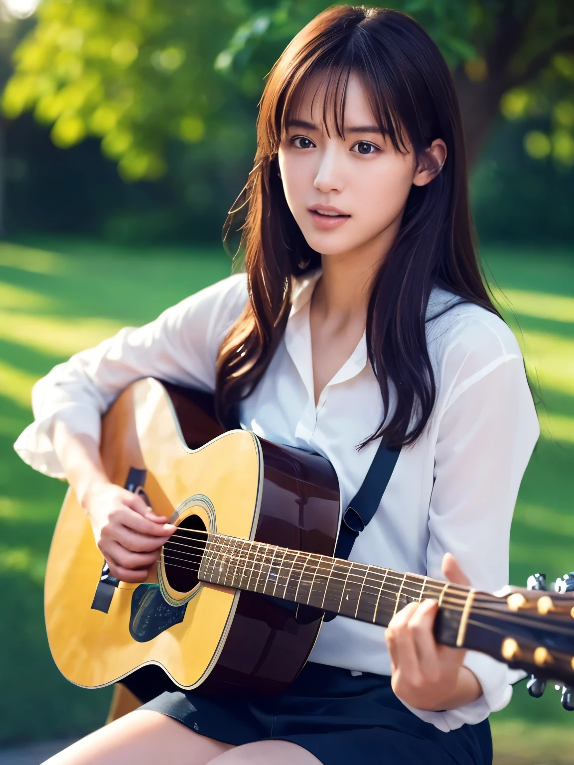 ((masterpiece, Highest quality, High resolution)), (Playing Acoustic Guitar:1.5), 1 beautiful girl, (Realistic: 1.4), Symmetrical eyes, Great face, 15 years old, Medium Hair, (Beautiful Hair:1.5), (Open your mouth:1.3), Square in front of the station, Side angle, Smooth, Highly detailed CG composite 8K wallpaper, High resolutionのRAWカラー写真, Professional photography, Light, BackLight, dream-like, impressive, Written boundary depth