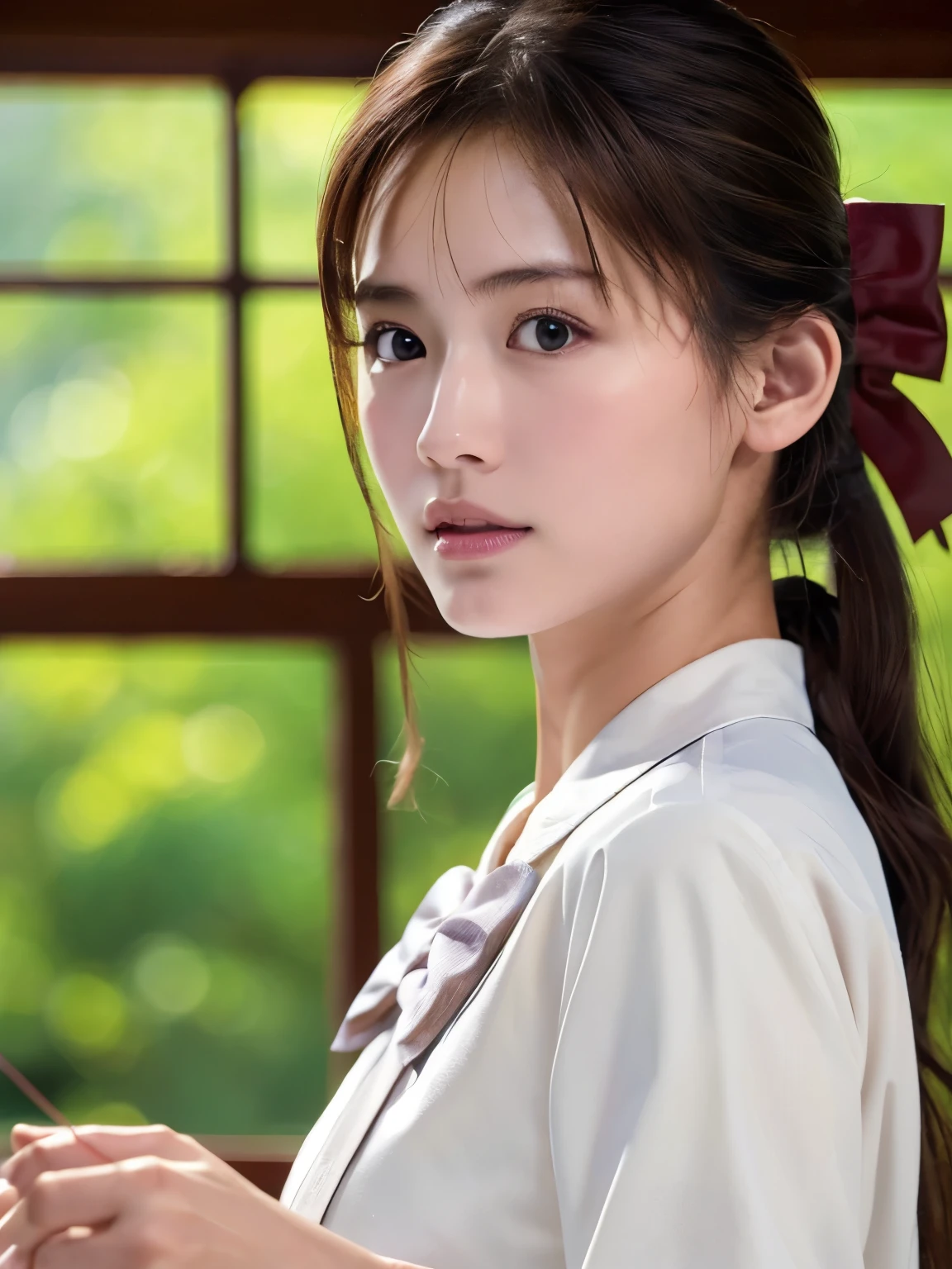 ((masterpiece, Highest quality, High resolution)), (Draw a bow:1.5), One girl practicing archery, (Realistic: 1.4), Great face, 15 years old, Medium Hair, (Beautiful Hair:1.5), Kyudo uniform, The background is a kyudo hall, Side angle, Smooth, Highly detailed CG composite 8K wallpaper, High resolutionのRAWカラー写真, Professional photography, Light, BackLight, dream-like, impressive, Written boundary depth