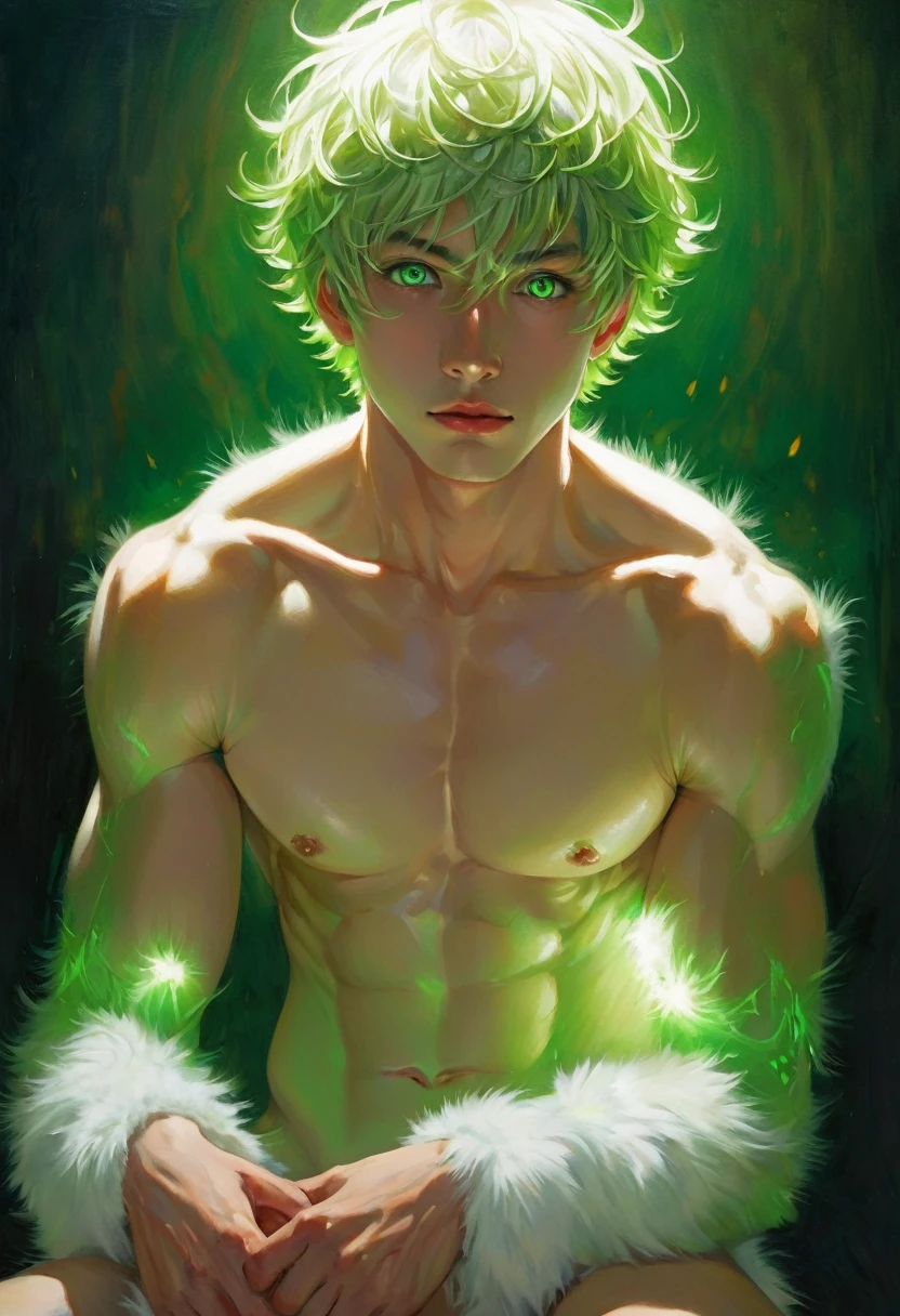 (( erection、Sitting with legs apart、)), naked, alone, Little dog boy , (Highest quality, Super detailed, Best illustrations, master, High resolution, Professional artwork, Famous works of art), realistic paint, (Insane Detailsな目, Green glowing eyes), White fur, detailed realistic painting, male, detailed White fur, Azriel, Portraiture, Fine hand, Shaded, Four fingers, Insane Details, I&#39;m looking forward to, comics, cute, Full Height