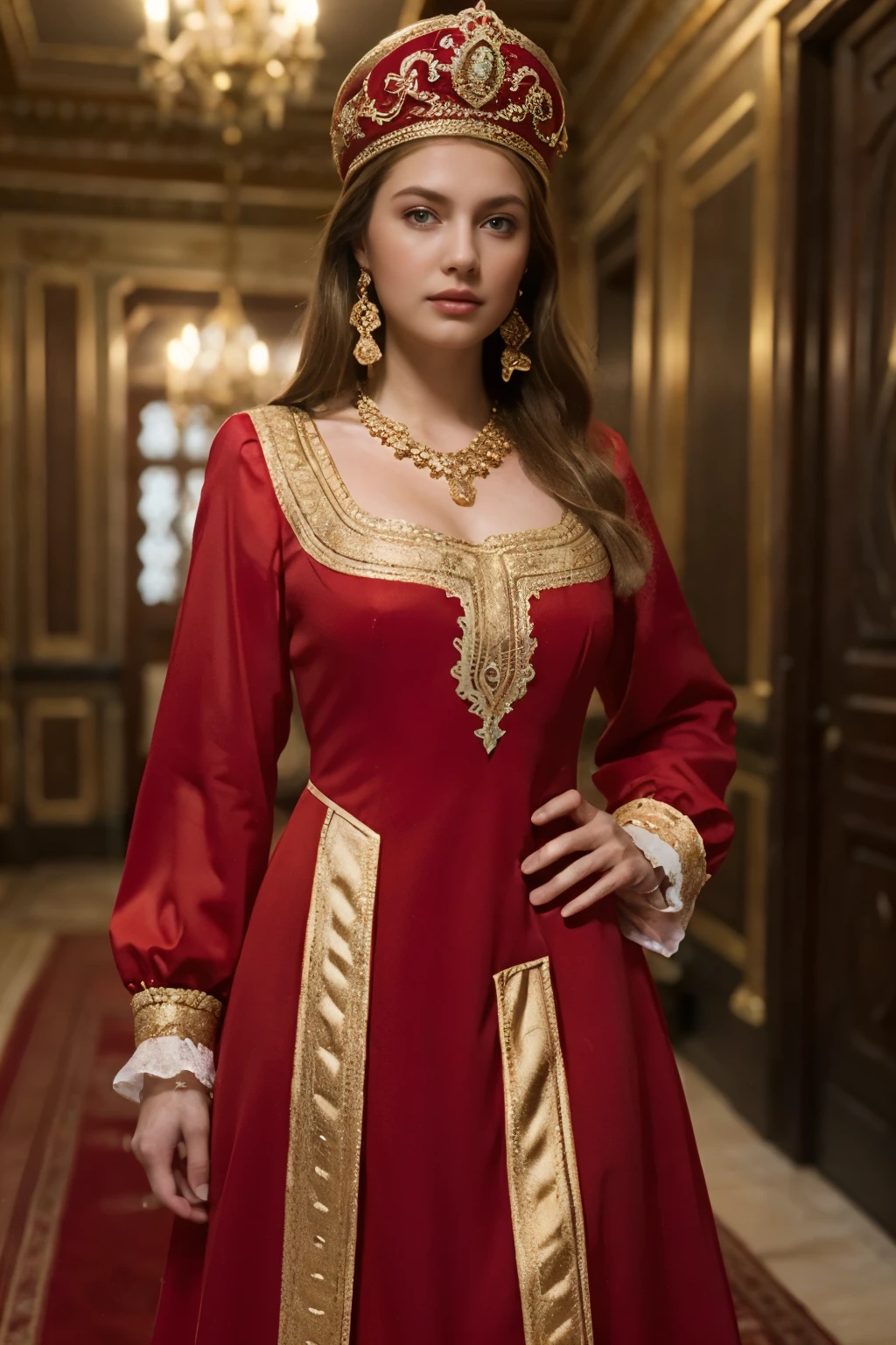 Daughter of a Russian noblewoman during the reign of Catherine II, (Russian noble costume, Red Formal long dress, gorgeous noble dress, white Elbow grove: 1.3), in palace, Front view , looking at viewer,  Russian girl, 18 age old, (Blond hair, middle hair ,  wince, Gray eyes, beautiful lip,  serious),  gold crescent earrings, gold neckless, (big breasts, slender whist, wide hip, real public hair, corrected pussy and anal) ,  textured skin , HI detailed skin, (foreshortening, Canon, anatomically correct,  super detail, high details, highness, 