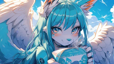 Miku Hatsune, add high definition_detail:1, blue fur,kitsune ears, tribal tattoo add_detail:1, in heaven add_detail, angelical g...