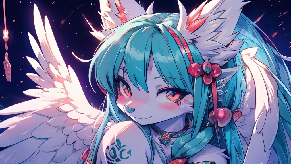 Miku Hatsune, add high definition_detail:1, blue fur,kitsune ears, tribal tattoo add_detail:1, in heaven add_detail, angelical girl, angel wigns add_detail, angelic yokai kitsune,