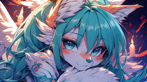 Miku Hatsune, add high definition_detail:1, blue fur,kitsune ears, tribal tattoo add_detail:1, in heaven add_detail, angelical g...