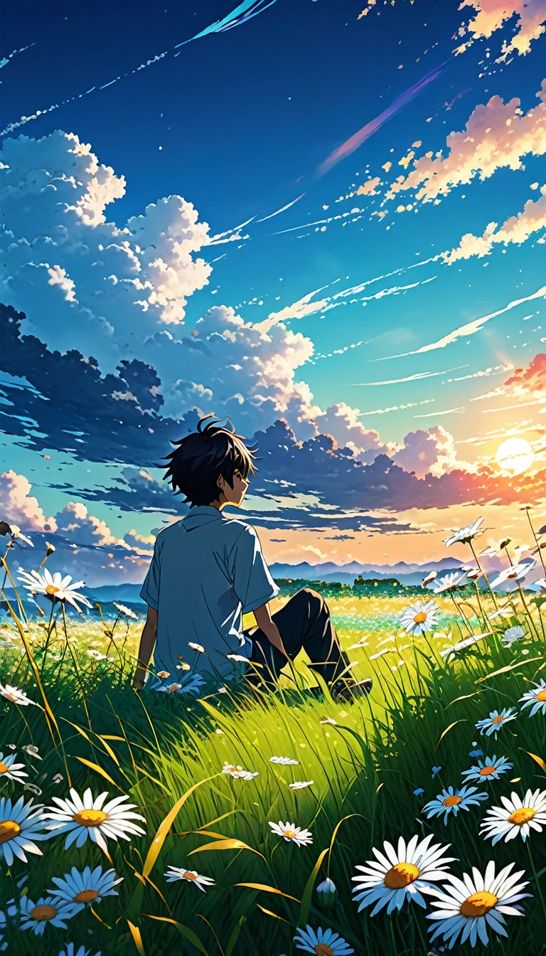 Anime-Landschaft mit einem Jungen, der auf einem Feld mit hohem Gras und Gänseblümchen sitzt und eine Leere mit weißen Wolken beobachtet, bunte Anime-Szene, eine wunderschöne Anime-Friedensszene, Makoto Shinkai Cyril Rolando, eine wunderschöne Anime-Szene, ein Hintergrund mit einem erstaunlichen Bildschirm, ein Anime-Art-Wallpaper 8k, Anime-Hintergrund, Anime-Kunst-Hintergrund, Anime-Hintergrundbild 4k, Anime Art 4K Hintergrundbild, Anime Art 4K Hintergrundbild,