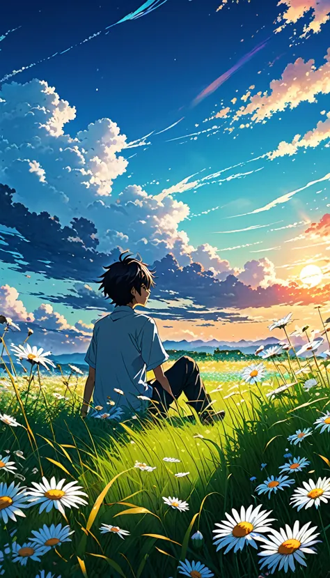 Anime landscape of a boy sitting in a field with tall grass and daisy flowers watching a void with white clouds, colorful anime ...