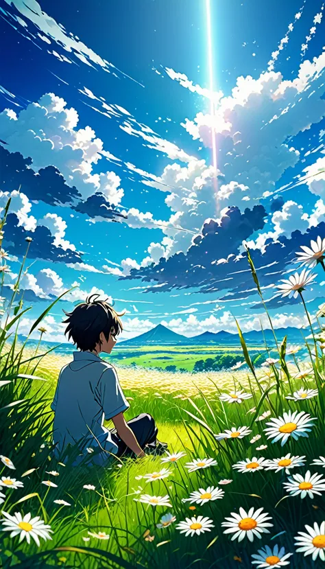 Anime landscape of a boy sitting in a field with tall grass and daisy flowers watching a void with white clouds, colorful anime ...