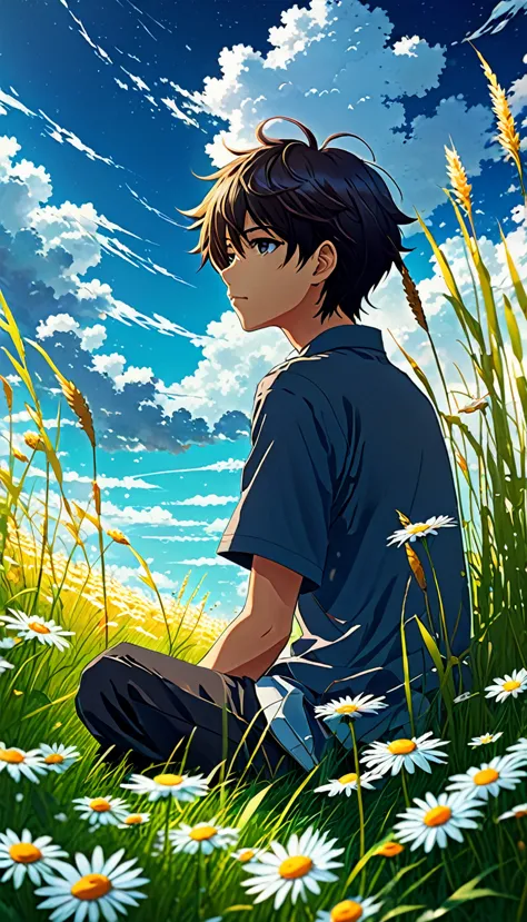 Anime landscape of a boy sitting in a field with tall grass and daisy flowers watching a void with white clouds, colorful anime ...