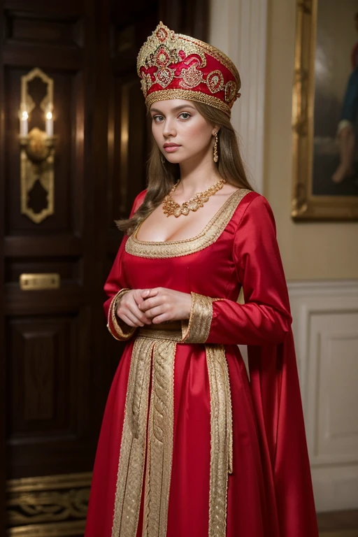 Daughter of a Russian noblewoman during the reign of Catherine II, (Russian noble costume, Red Formal long dress, gorgeous noble dress, white Elbow grove: 1.3), in palace, Front view , looking at viewer,  Russian girl, 18 age old, (Blond hair, middle hair ,  wince, Gray eyes, beautiful lip,  serious),  gold crescent earrings, gold neckless, (big breasts, slender whist, wide hip, real public hair, corrected pussy and anal) ,  textured skin , HI detailed skin, (foreshortening, Canon, anatomically correct,  super detail, high details, highness, 