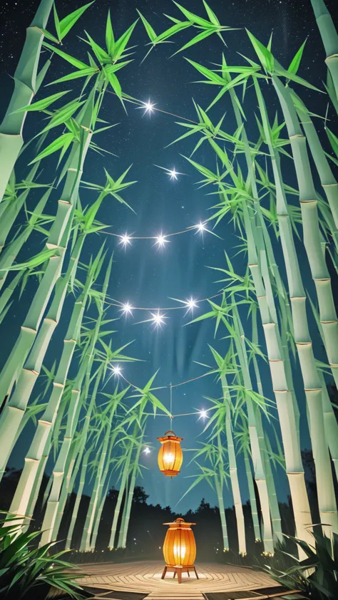 Many origami pieces are hanging from the bamboo trees., quiet night. Digital Illustration, evening Lantern, colorful Lantern, gl...