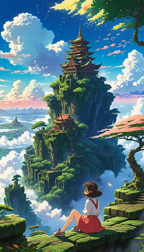 Estilo anime de Shin-Umi Mokoto y Ghibli, from behind,Over the clouds,Sitting on the mossy stage、A girl dressed in adventure loo...