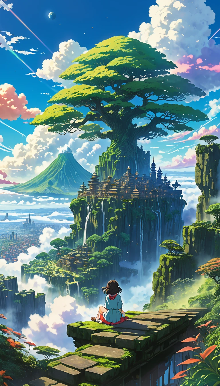 Style d&#39;anime de Shin-Umi Mokoto et Ghibli, par derrière,au dessus des nuages,Assis sur la scène moussue、Une fille habillée en aventure regardant une magnifique cité perdue et l&#39;arbre du monde géant à côté., lost city au dessus des nuages and towering sky, Particules magiques et lumineuses, Ciel coloré de rêve vibrant avec des nuages pelucheux, livre, pomme, Lunettes, calme,pétale,cheveux au vent,Il s’agit de
