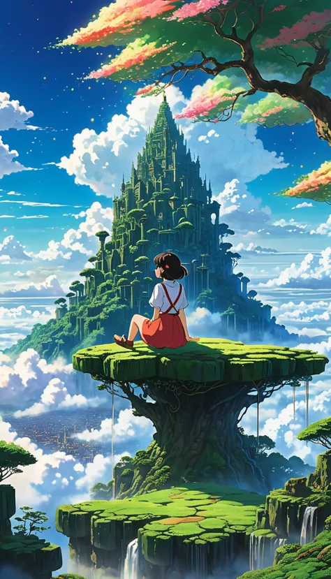 Estilo anime de Shin-Umi Mokoto y Ghibli, from behind,Over the clouds,Sitting on the mossy stage、A girl dressed in adventure loo...