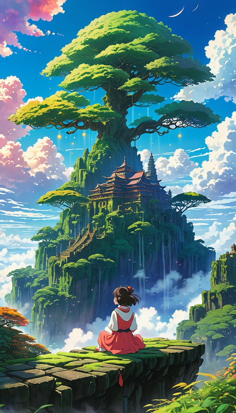 Style d&#39;anime de Shin-Umi Mokoto et Ghibli, par derrière,au dessus des nuages,Assis sur la scène moussue、Une fille habillée en aventure regardant une magnifique cité perdue et l&#39;arbre du monde géant à côté., lost city au dessus des nuages and towering sky, Particules magiques et lumineuses, Ciel coloré de rêve vibrant avec des nuages pelucheux, livre, pomme, Lunettes, calme,pétale,cheveux au vent,Il s’agit de
