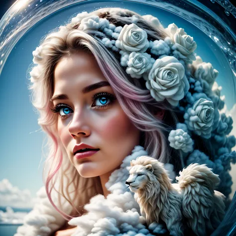 Cotton Candy Queen Women Goddess 8k Resolution Rendered Hyper Realistic Intricate Detail lives in an frosty ice bubble, a fancif...