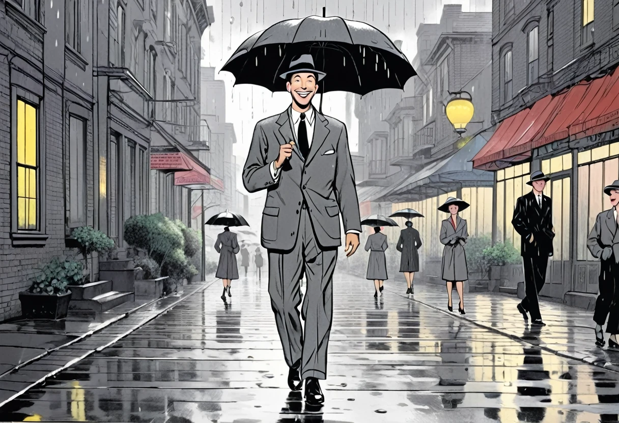 ((ยิ้มกว้างๆ_ร่มสีดำ＿หมวกสีเทา_ชุดสูทสีเทา＿ผู้ชายเต้นแท็ปท่ามกลางสายฝนในคืนที่ฝนตก))、ภาพยนตร์เพลงอเมริกันปี 1952_ซอส、