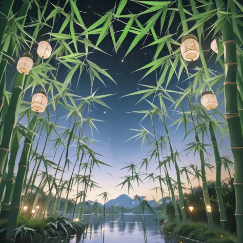 Many origami pieces are hanging from the bamboo trees., quiet night. Digital Illustration, evening Lantern, colorful Lantern, gl...