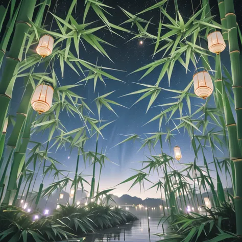 Many origami pieces are hanging from the bamboo trees., quiet night. Digital Illustration, evening Lantern, colorful Lantern, gl...