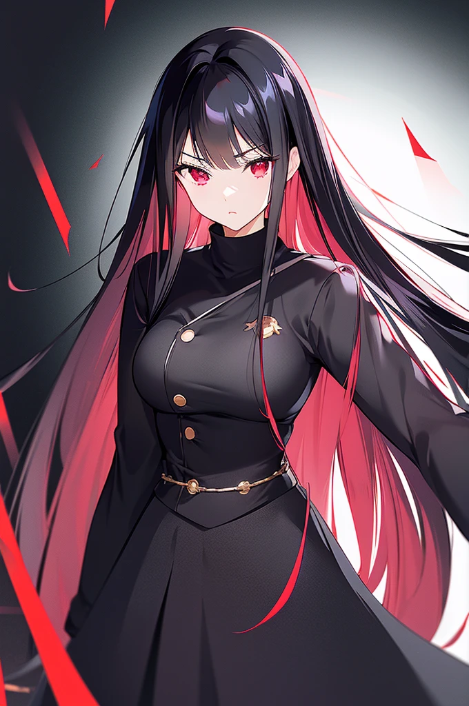 Anime girl, black hair, long hair, long locks, straight hair, straight bangs over forehead, crimson red eyes, beautiful eyes, looking down, serious,  mature, woman, in 20s, black turtle neck clothes, long black skirt with a cut on thighs, grey stockings, long legs, sexy, beautiful, white belt, background, night, anime style