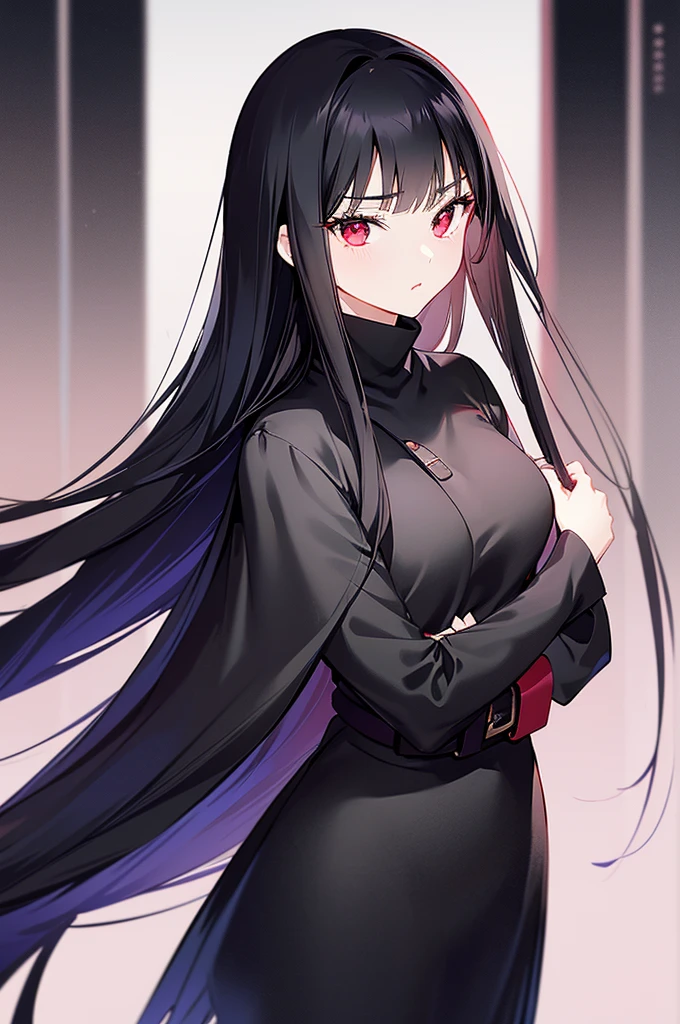 Anime girl, black hair, long hair, long locks, straight hair, straight bangs over forehead, crimson red eyes, beautiful eyes, looking down, serious,  mature, woman, in 20s, black turtle neck clothes, long black skirt with a cut on thighs, grey stockings, long legs, sexy, beautiful, white belt, background, night, anime style