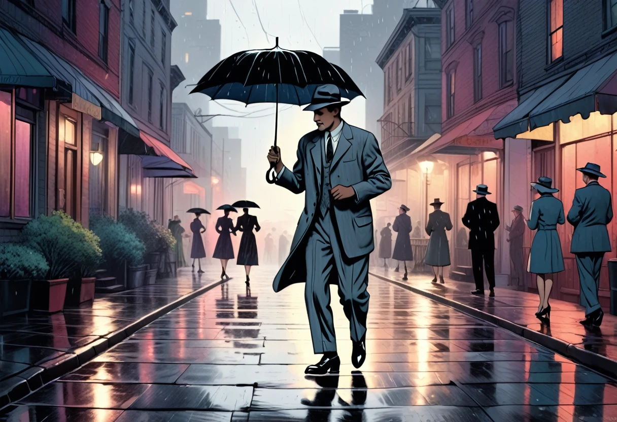 a man dancing tap dance in the rain at night while wearing a gray suit, gray hat and holding a black umbrella, smiling, 1952 american musical film, detailed realistic cinematic lighting, dramatic angle, stormy rainy background, vivid colors, dramatic moody atmosphere, (best quality,4k,8k,highres,masterpiece:1.2),ultra-detailed,(realistic,photorealistic,photo-realistic:1.37),professional,cinematic lighting,dramatic angle,extremely detailed dance movements,stormy rainy night,dramatic moody colors,vivid saturated colors