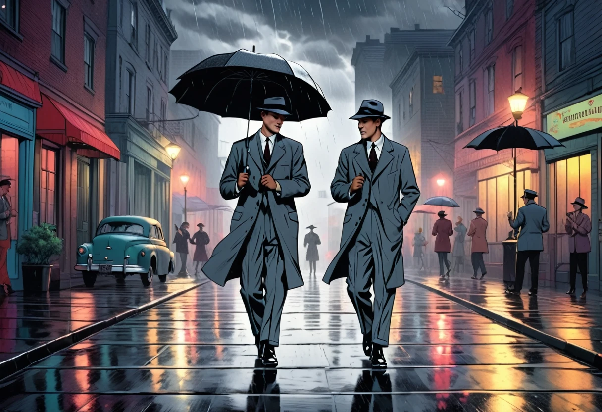 a man dancing tap dance in the rain at night while wearing a gray suit, gray hat and holding a black umbrella, smiling, 1952 american musical film, detailed realistic cinematic lighting, dramatic angle, stormy rainy background, vivid colors, dramatic moody atmosphere, (best quality,4k,8k,highres,masterpiece:1.2),ultra-detailed,(realistic,photorealistic,photo-realistic:1.37),professional,cinematic lighting,dramatic angle,extremely detailed dance movements,stormy rainy night,dramatic moody colors,vivid saturated colors