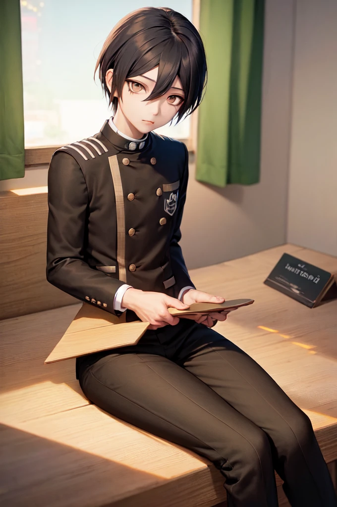 (masterpiece, best quality:1.2), male, solo, male focus, 1boy, saihara shuichi, expressionless, closed mouth, looking at viewer, black jacket, double-breasted, black pants BREAK 1 boy, bedroom, sitting on bed, nightlife, window, city, BREAK 171cm tall, 58kg, 80cm chest