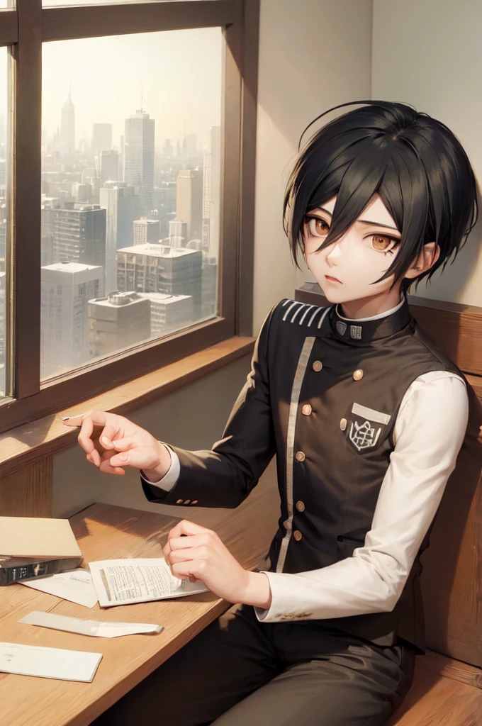 (masterpiece, best quality:1.2), male, solo, male focus, 1boy, saihara shuichi, expressionless, closed mouth, looking at viewer, black jacket, double-breasted, black pants BREAK 1 boy, bedroom, sitting on bed, nightlife, window, city, BREAK 171cm tall, 58kg, 80cm chest